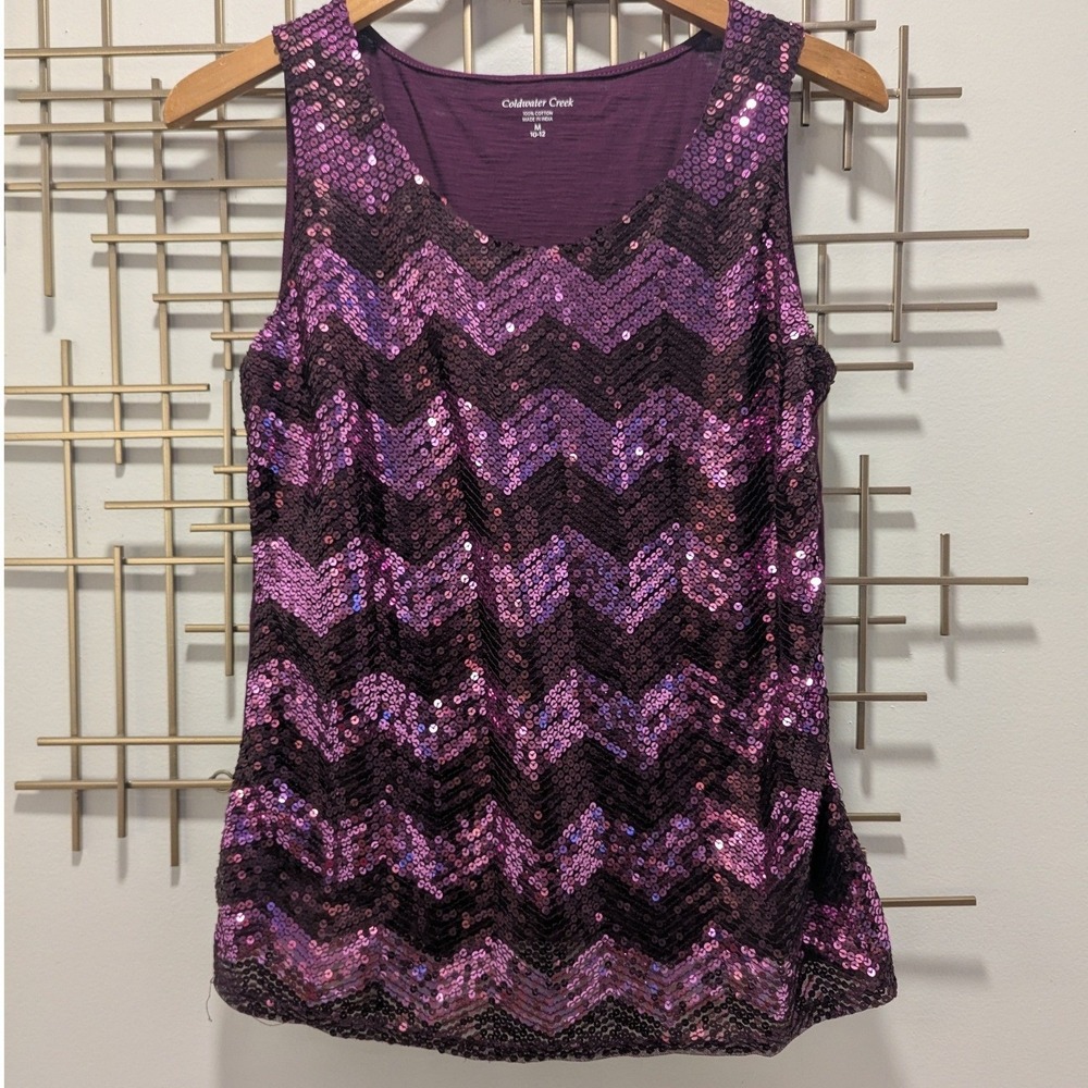 Coldwater Creek Tank Top Purple Sequin Chevron Sleeveless Sz M 10-12 Sparkly